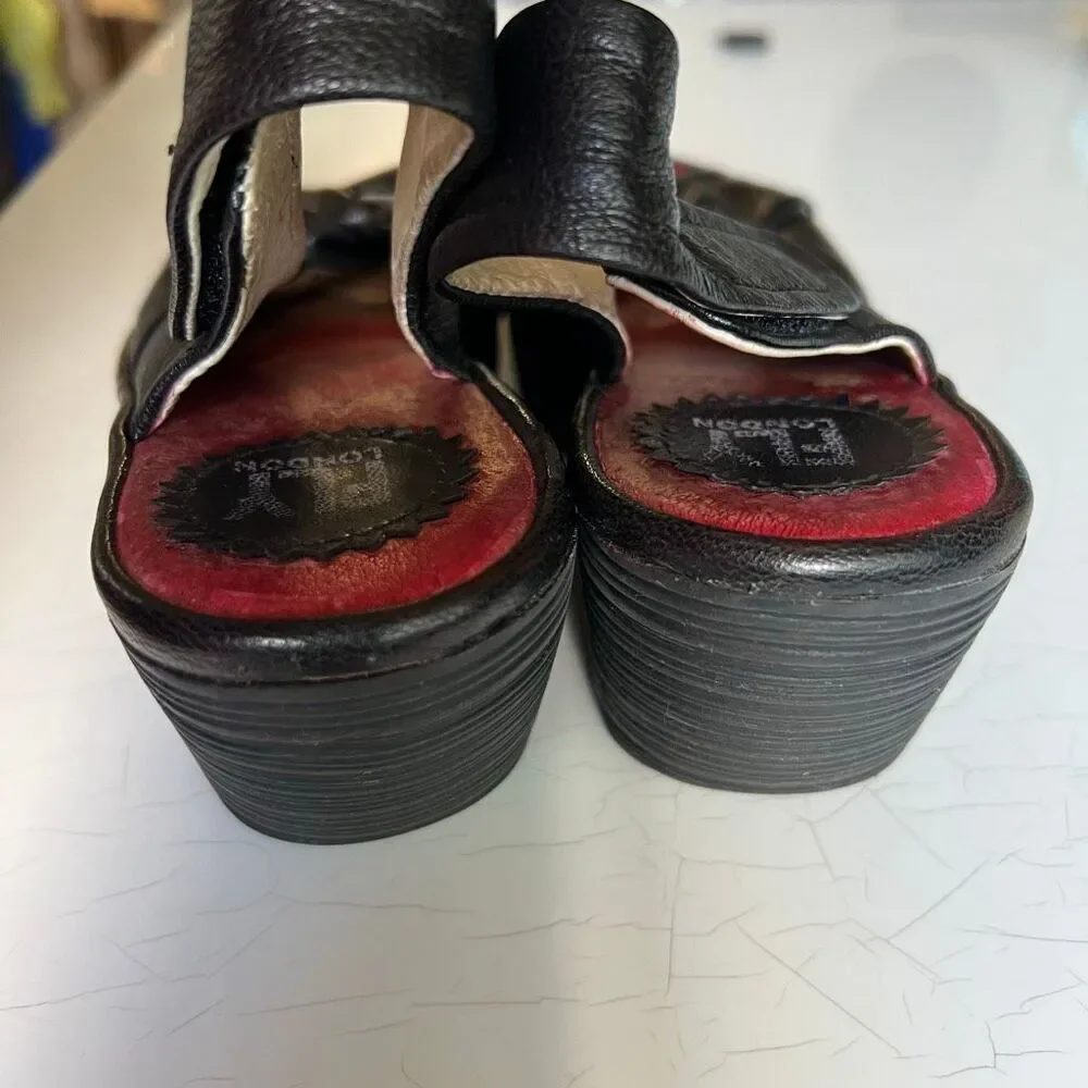 Fly London Yakin Ankle Strap Wedge Sandals 39 Black Leather Peep Toe Comfort